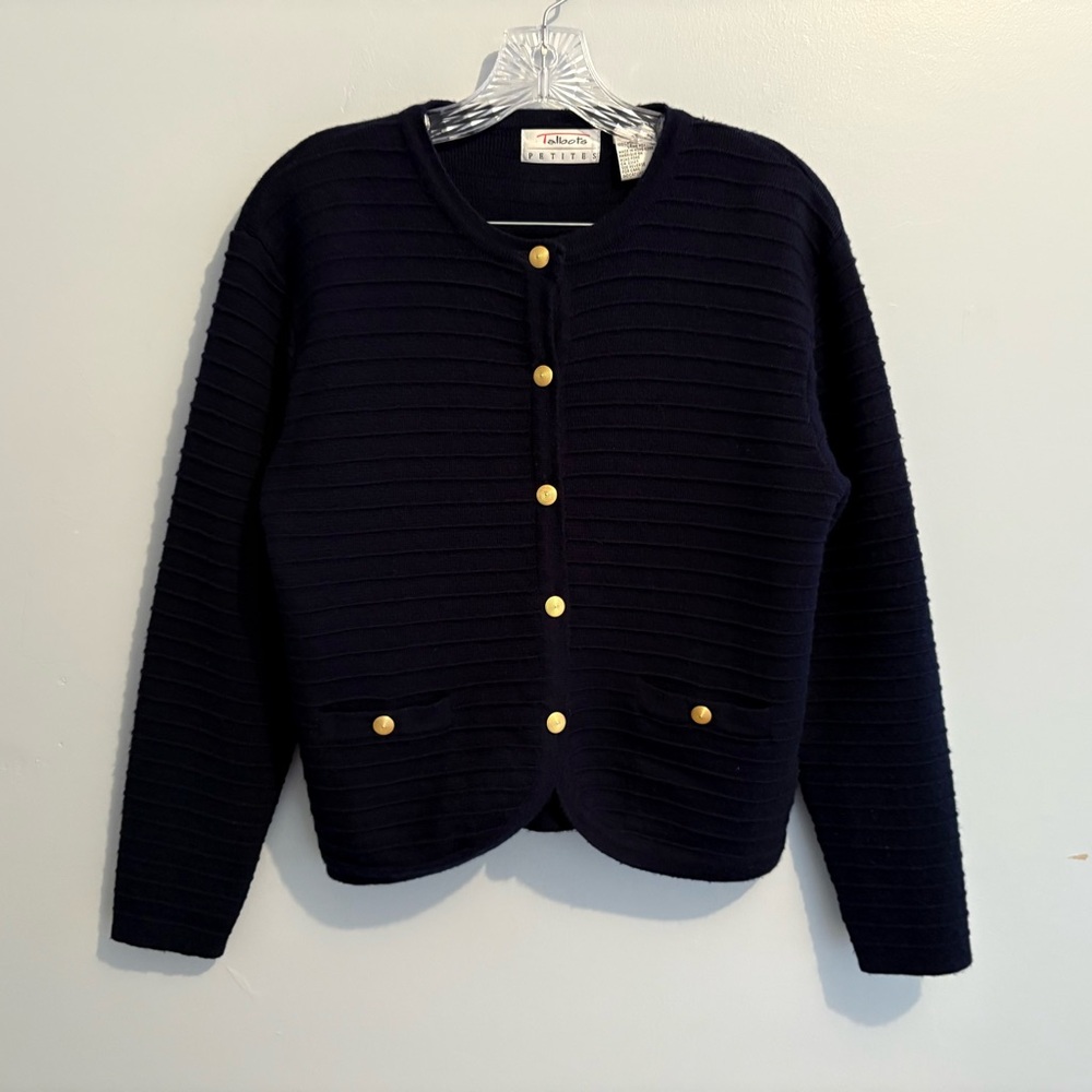 Talbots Women’s Petite Small Navy Cardigan Ribbed Gold Button Crewneck Textured